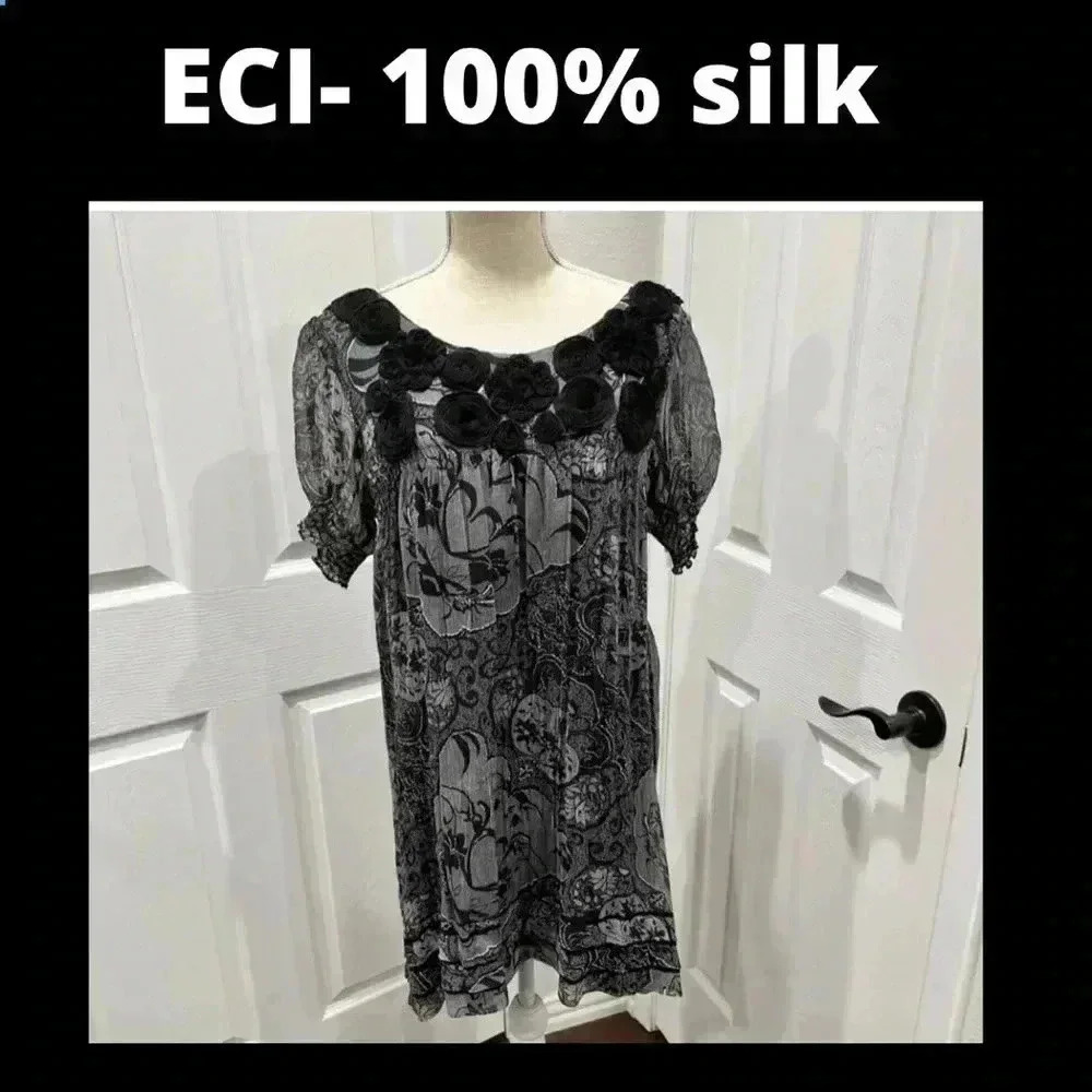 ECI 100% silk Fully lined mini dress with chest flower detailing